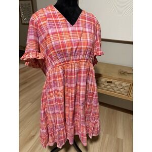 Terra Sky Size 3X  Pink Multi Check V Neck Short Sleeves Lined Dress Cottsgecore